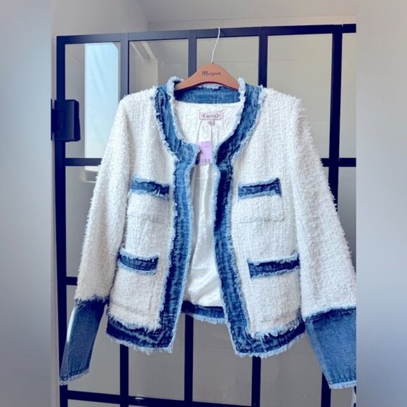Nanette Lepore White Blue Denim Jean Boucle Tweed Jacket Coat L NWT - Picture 2 of 3